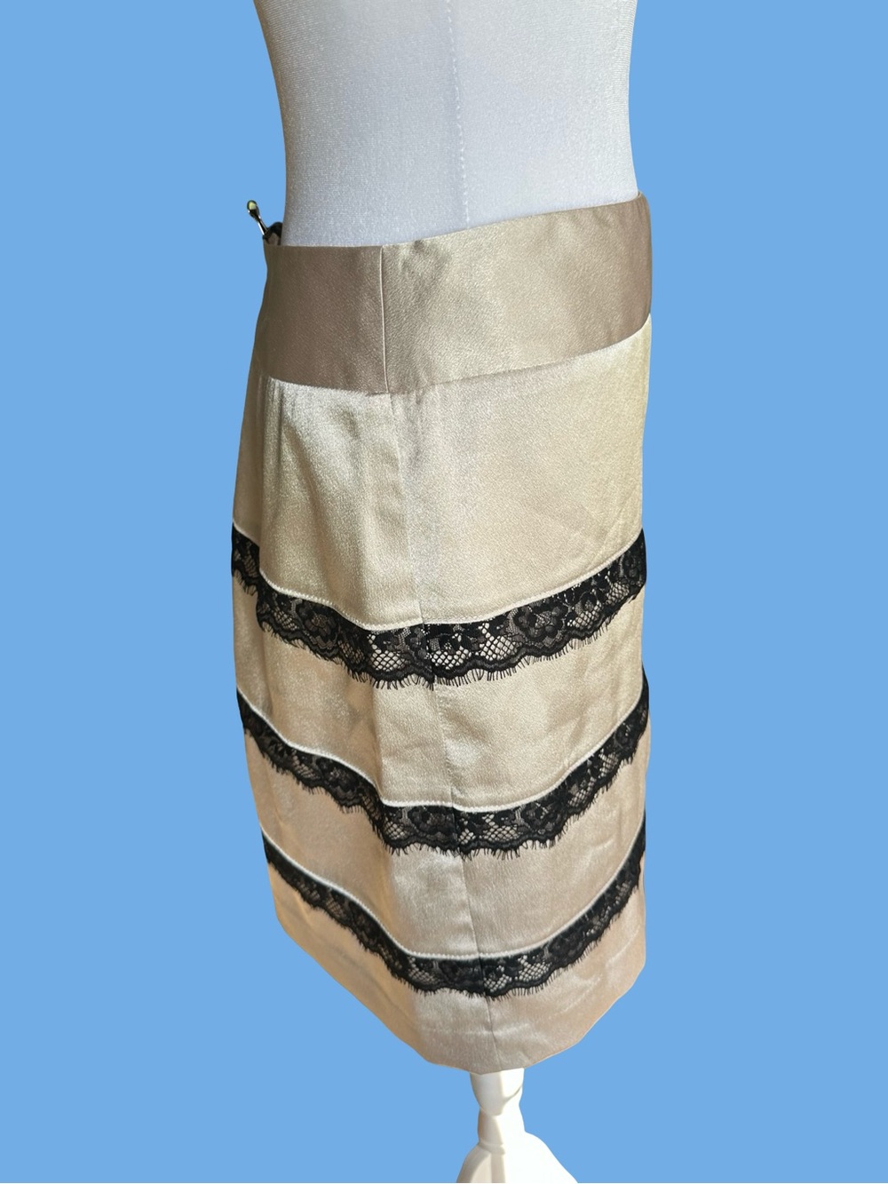 90s The Limited Shimmer Beige A-Line Skirt with Black Lace Bands - Picture 3 of 6